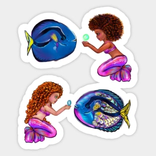 Best fishing gifts for fish lovers 2022. anime mermaid with blue tang fish and bubbles. Pretty black  and white girls with Afro hair, green eyes, Cherry pink lips and dark brown skin. Hair love ! Sticker